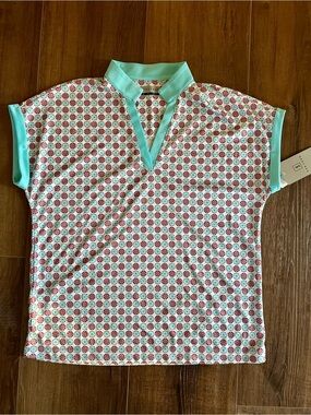 NWT PGA Tour Red and Aqua Geometric Circle Print Top - Size M